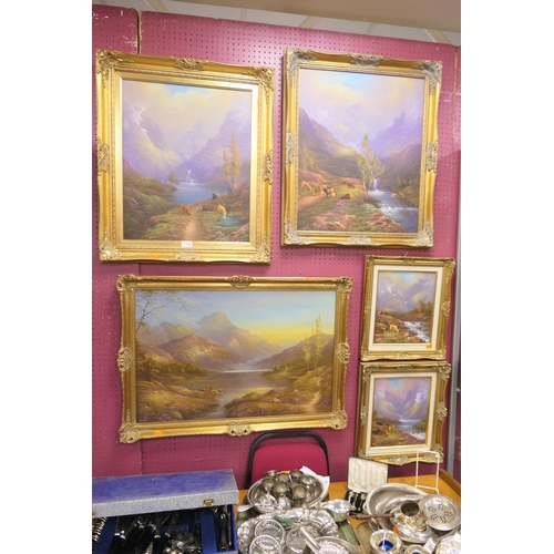 715 - Raymond Gilronan, five gilt framed oil paintings all depicting Highland scenes, the largest 50cm x 7... 