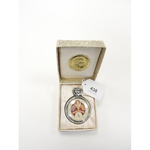 438 - Elizabeth II coronation commemorative chrome cased pocket watch in original card box