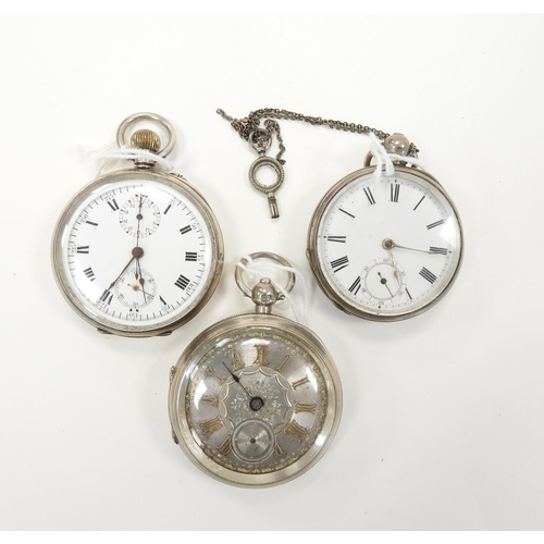 441 - H. Samuel Manchester, silver cased open faced key wind pocket watch, 50mm; also a Swiss silver crown... 