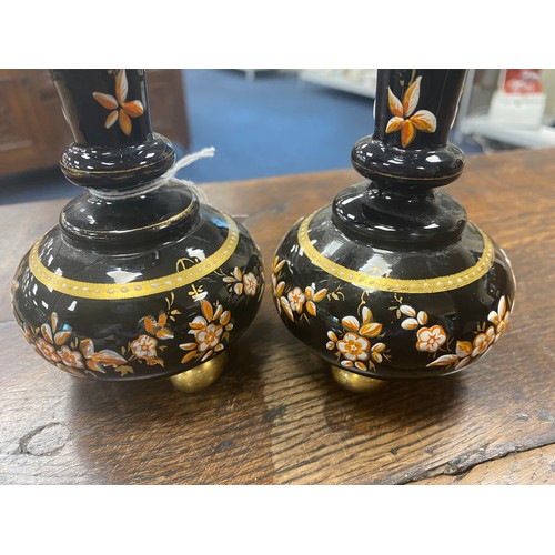 172 - Pair of Victorian enamelled black glass ornamental vases, height 14cm