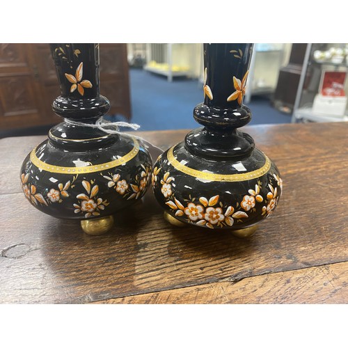 172 - Pair of Victorian enamelled black glass ornamental vases, height 14cm