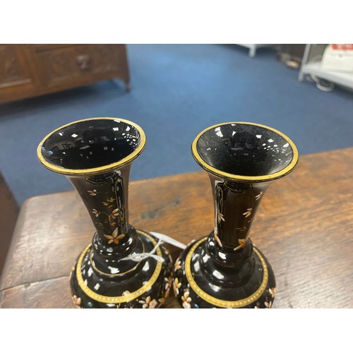 172 - Pair of Victorian enamelled black glass ornamental vases, height 14cm