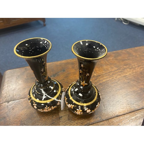 172 - Pair of Victorian enamelled black glass ornamental vases, height 14cm