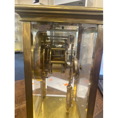 511 - French brass four glass mantel clock with brocot escapement, height 29.5cm