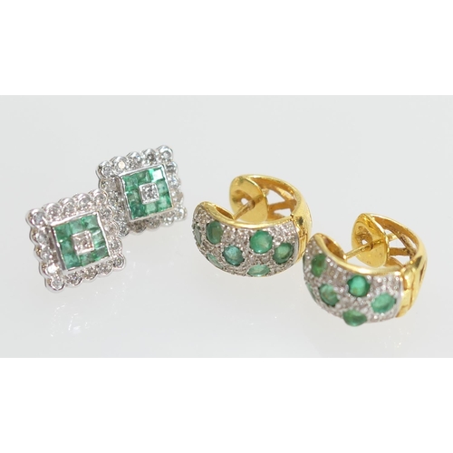 103 - Pair of emerald and diamond ear studs in 18ct white gold, 10mm square, gross weight approx. 3g; also... 