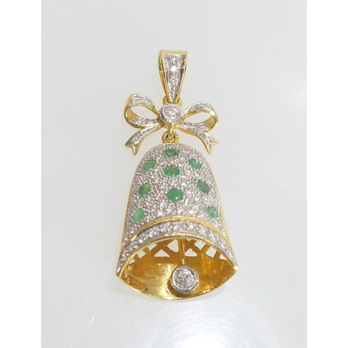 104 - Emerald and diamond pave set bell form pendant, with a diamond set clapper of approx. 0.25ct, the be... 