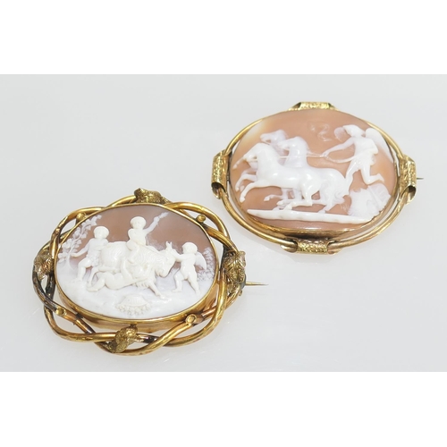 107 - Victorian cameo brooch carved with horses tethered by an angel, mounted in an unmarked yellow metal ... 