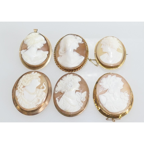 110 - Six 9ct gold mounted cameo brooches, the largest 55mm x 45mm, overall gross weight approx. 76.2g