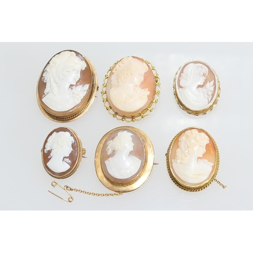 111 - Six 9ct gold mounted cameo brooches, the largest 45mm x 35mm, overall gross weight approx. 47.8g