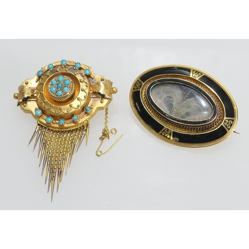 113 - Victorian turquoise set cannetille brooch in unmarked yellow metal, circa 1875, 43mm x 60mm, gross w... 