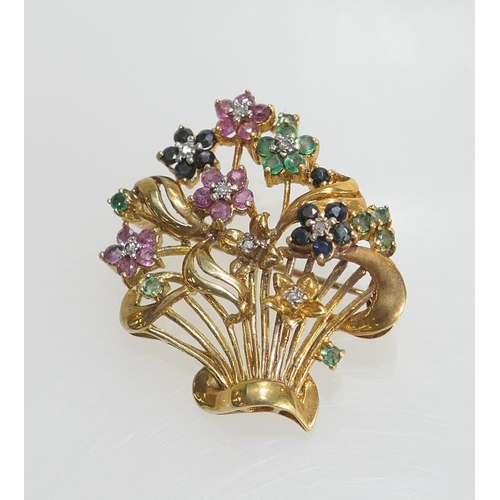 114 - 9ct gold multi gem set floral bouquet brooch, set with diamonds, sapphires, rubies and emeralds, 32m... 