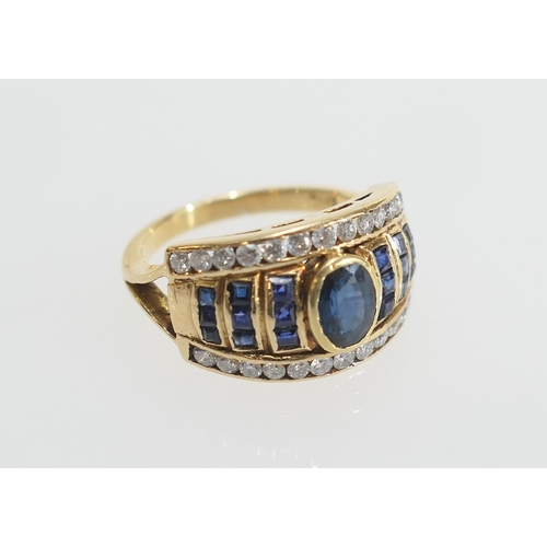 29 - Sapphire and diamond cluster ring, centred with an oval cut sapphire of approx. 0.5ct, bordered on e... 