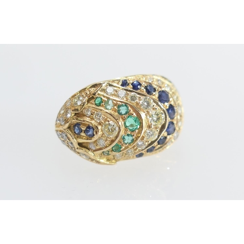 41 - Diamond , sapphire and emerald scarab ring, set with small round cut stones, illusion set in 18ct ye... 