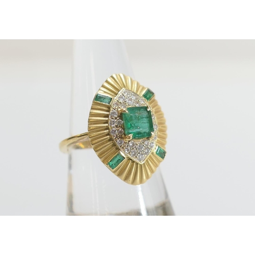 46 - Emerald and diamond dress ring, centred with a square cut emerald of approx. 0.5ct, bordered with ti... 