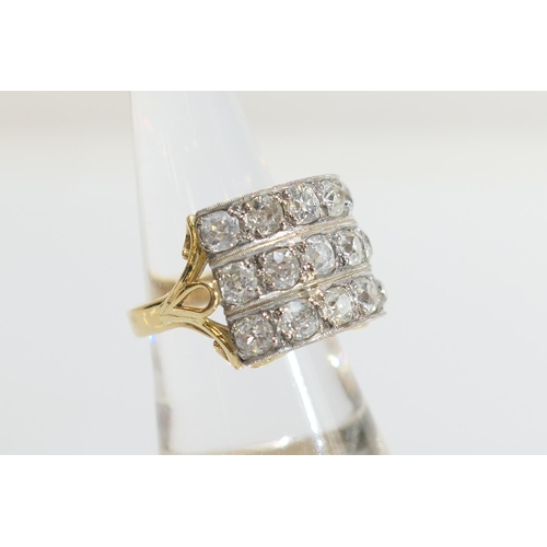 47 - Diamond cluster ring, set with fifteen old cushion cut diamonds in three rows in white millegrain se... 