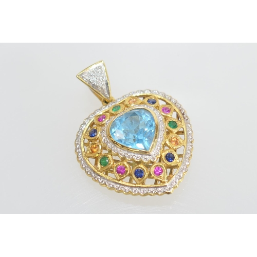 54 - Diamond and multi gem set heart shaped pendant, set with a central heart shaped pale blue stone of a... 