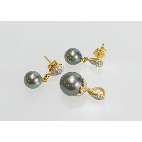 55 - Pair of Tahitian pearl and diamond pendant earrings, the pearls approx. 8mm diameter, 22mm drop; als... 