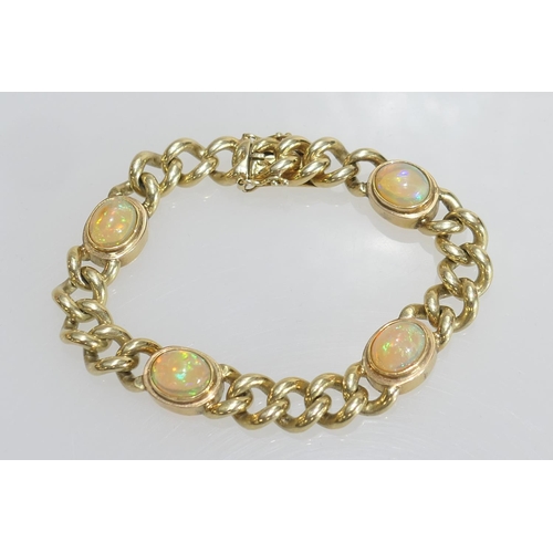 56 - 14ct gold and opal bracelet, the curb link bracelet dispersed with four cabochon opals approx. 10mm ... 