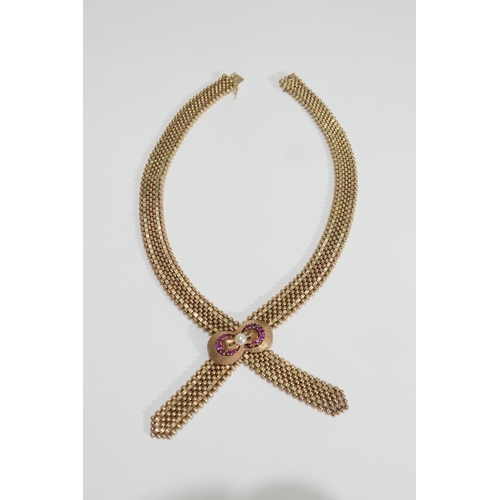 57 - 9ct gold bead mesh collarette necklace with a ruby and pearl bow, length 41cm, gross weight approx. ... 