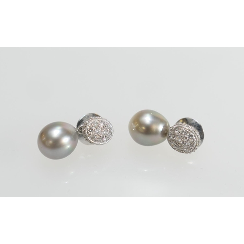 72 - Pair of Tahitian pearl and diamond pave pendant earrings, set in unmarked white metal, 19mm drop, gr... 