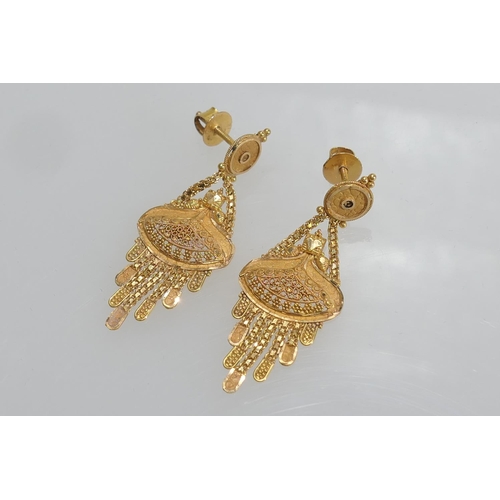 74 - Pair of Indian yellow metal filigree pendant earrings, unmarked, drop 48mm, width 19mm, screw posts,... 