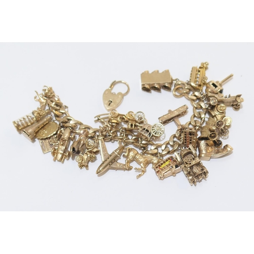 79 - 9ct gold charm bracelet comprising twenty three 9ct gold charms and one unmarked yellow metal charm,... 