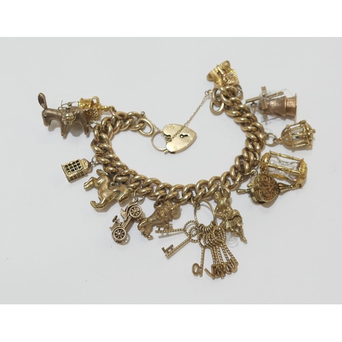 82 - 9ct gold charm bracelet comprising ten 9ct gold charms and three unmarked charms, with 9ct gold padl... 