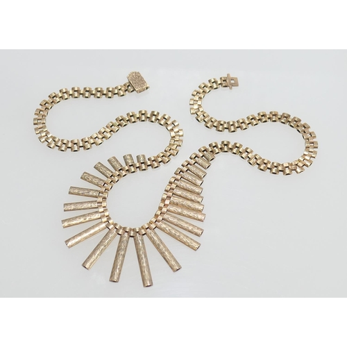 86 - 9ct gold textured bar fringe and brick link necklace, length 47cm, weight approx. 30g