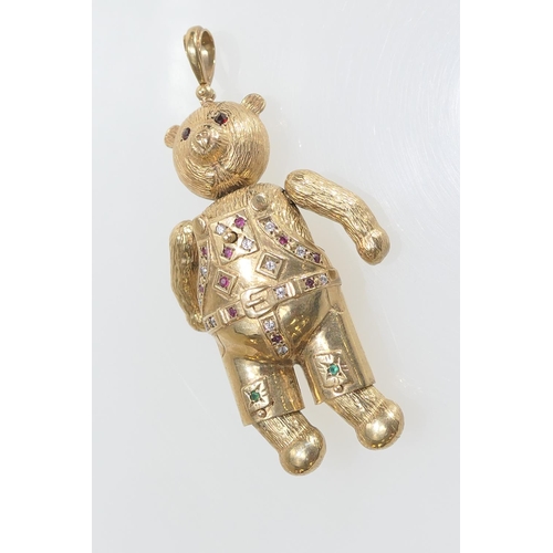 95 - 9ct gold and gem set  teddy bear pendant, fully articulated and with loop for suspension, height 85m... 