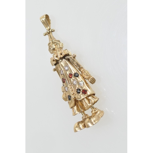 97 - 9ct gold gem set clown pendant, fully articulated, height 68mm, width 22mm, gross weight approx. 17g