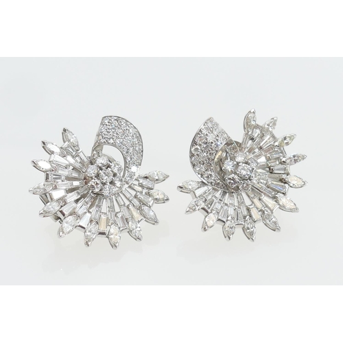 122 - Pair of Belle Epoque style diamond cluster earrings, in demi-lune fan form set with a combination of... 