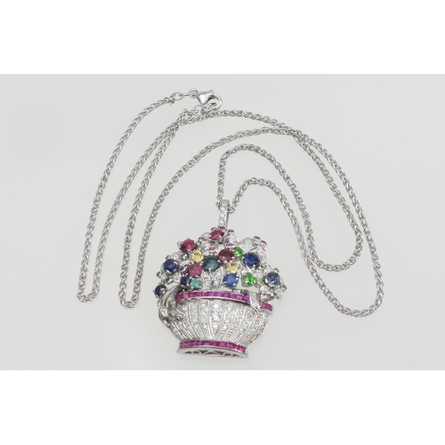 128 - Diamond and multi gem set flower basket pendant necklace, set with multiple round cut gems of variou... 