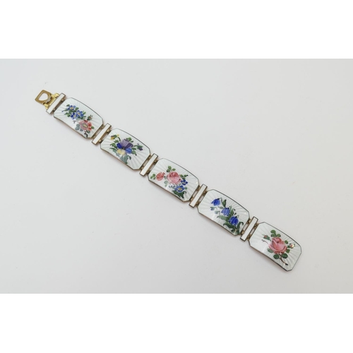 142 - Scandinavian enamelled bracelet, maker A.Sch., having canted rectangular curved panels decorated wit... 