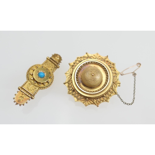 144 - Victorian 15ct gold cannetille bar brooch, centred with a turquoise cabochon, with locket back, 42mm... 