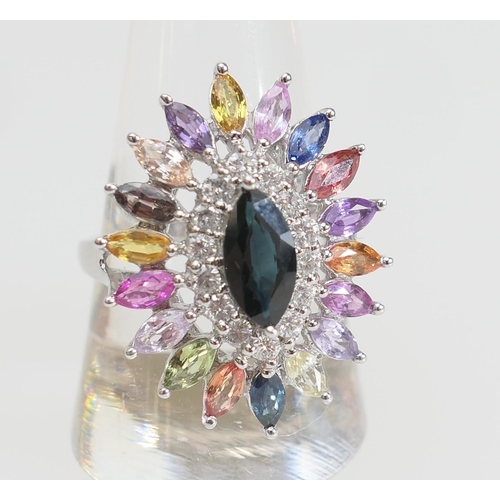 151 - Diamond and multi-coloured sapphire cluster ring in 18ct white gold, centred with a marquise sapphir... 