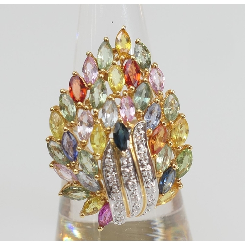 152 - Diamond and multi-coloured sapphire leaf form dress ring, set with 33 coloured sapphires and centred... 