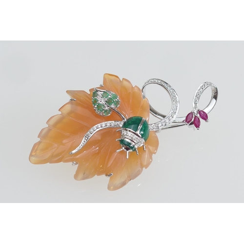 155 - Diamond and gem set ladybird and leaf brooch in 18ct white gold, the ladybird with green enamel and ... 