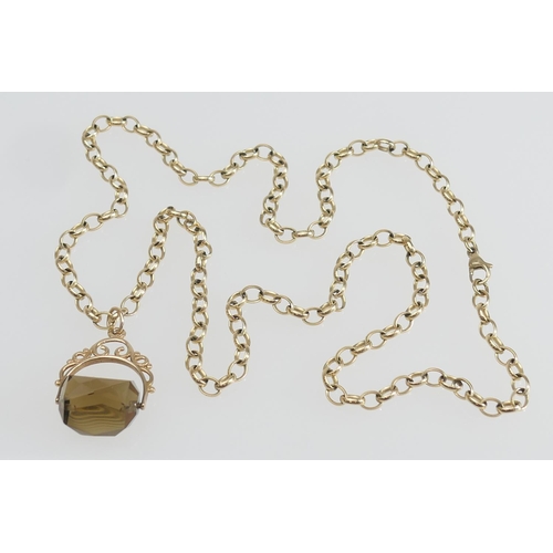 161 - 9ct gold belcher chain necklace, with lobster claw clasp, supporting a faceted smoky quartz swivel f... 