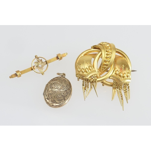 166 - Victorian yellow metal brooch, circa 1880, of knot form with two incomplete rows of tassels, unmarke... 