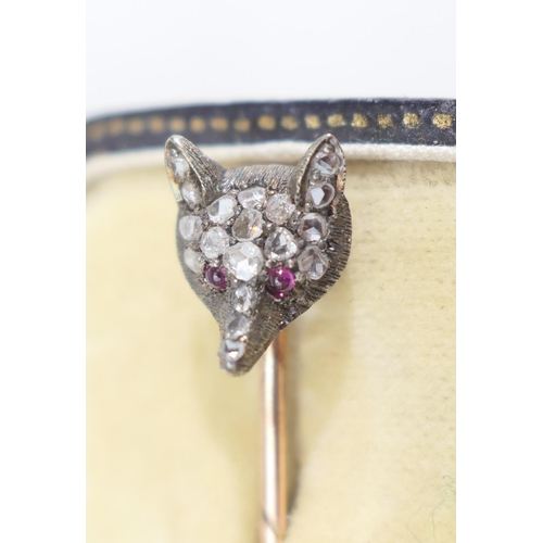 168 - Late Victorian rose diamond and ruby fox mask stock pin, set in silver and backed in yellow metal, 6... 