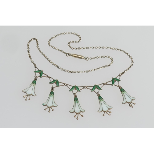 177 - Scandinavian enamelled snowdrop fringe necklace, in silver gilt, having five green and pearlescent e... 