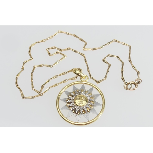 189 - Italian 18ct two colour gold sun pendant, set with tiny round cut diamonds, 35mm diameter, suspended... 