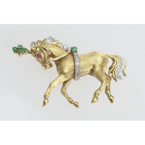 190 - 18ct gold diamond and gem set circus horse brooch,  set with tiny brilliant cut diamonds and a tiny ... 