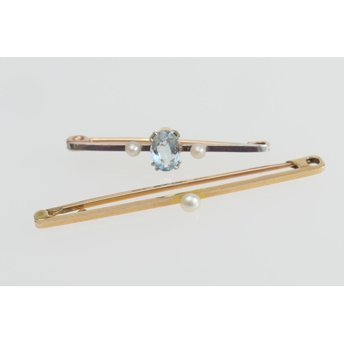 195 - Edwardian 15ct gold and cultured pearl bar brooch, 53mm, gross weight approx. 2.3g; also an aquamari... 