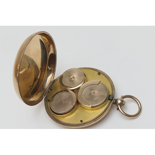 290 - 9ct gold pocket watch style sovereign case, circa 1930, plain polished outer case opening to three s... 