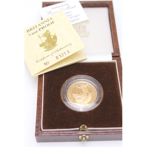 321 - Britannia quarter ounce gold proof coin, boxed, with certificate, weight 7.8g