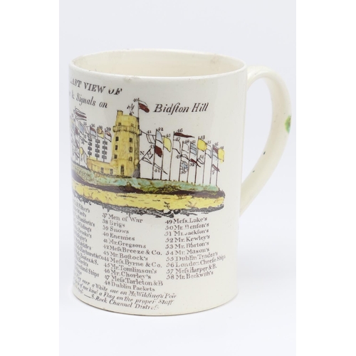 334 - Liverpool printed creamware signal mug, circa 1793-1800, cylinder form with printed and hand coloure... 