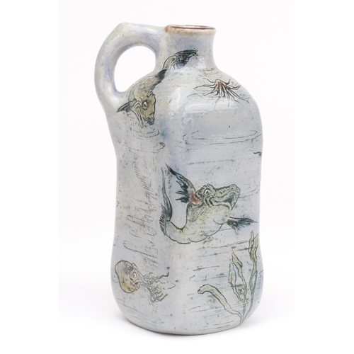 337 - Martin Brothers aquatic flask, by Edwin and Walter Martin, dated 1896, slightly waisted square secti... 