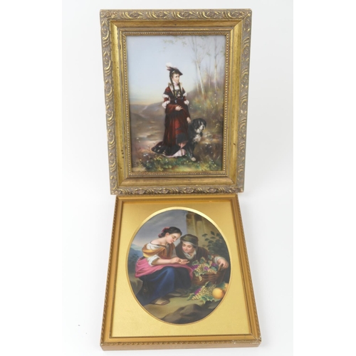 355 - Dresden hand decorated porcelain plaque 'Who comes?', after Kaulbach, 17cm x 12cm, framed; also anot... 