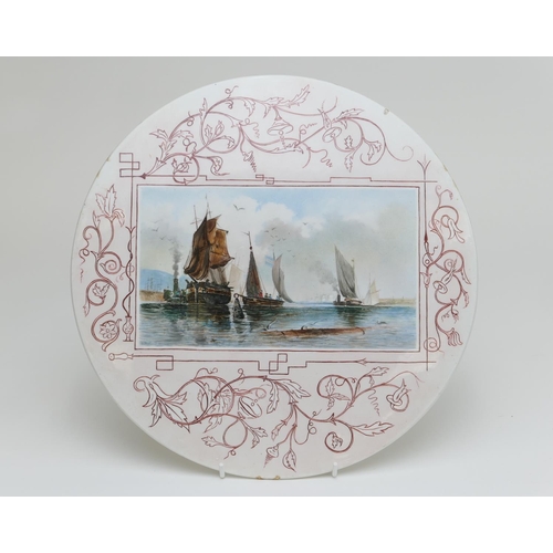 370 - William Harbutt hand decorated china plaque, dated 1881, centred with a view possibly on the Tees, s... 